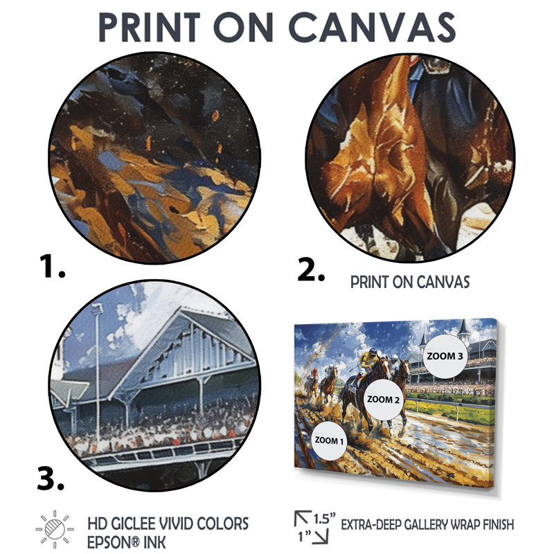 Marlyin - course de chevaux, art mural, H 28 po x l 60 po x P 1,5 po, Cadre flottant blanc
