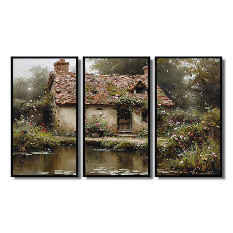 Mystérieuse maison de campagne rustique près de l'étang - ensemble d'art mural imprimé campagne, Cadre flottant noir