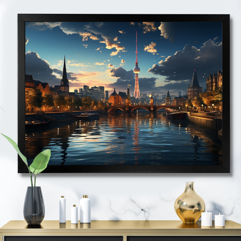 " Berlin Beautiful Cityscape Spot I ", 16" H x 32" W x 1" D, Black Floater Framed
