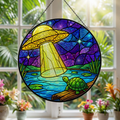 12"H Ufo Turtle Stained Glass Window Panel