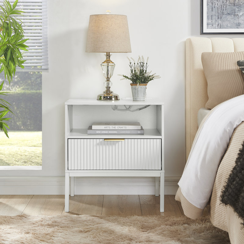 Oslo Nightstand With Built-In Outlet, Drawer & Open Shelf, White