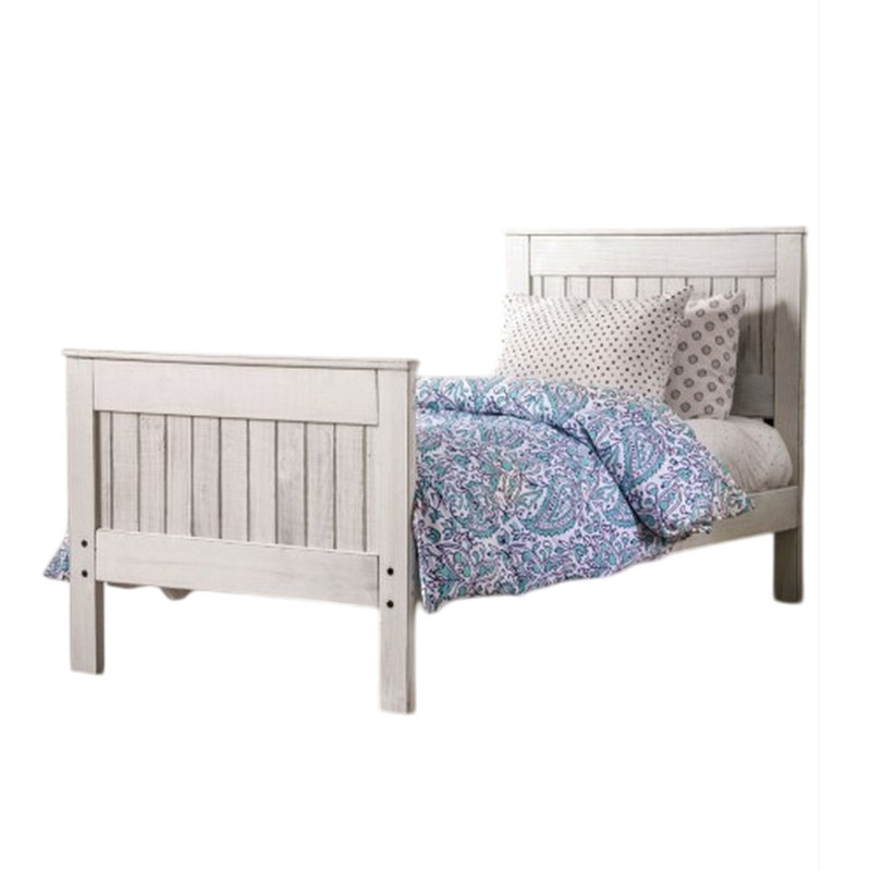 Waly Bed, Farmhouse Plank Style Design, Classic Pine Wood, Queen, Weathered White