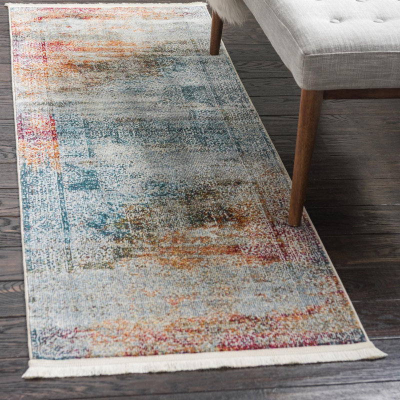Tapis ivoire / bleu / rouge à motif abstrait Folmar, Tapis de couloir 2 pi 2 po x 6 pi 1 po