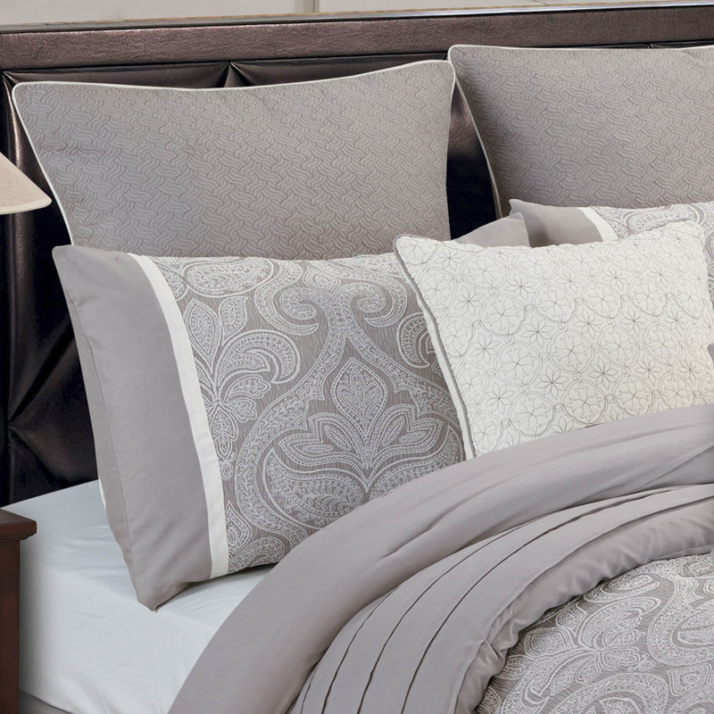 Gray Damask Jacquard Queen Comforter Set with Decorative Pillows