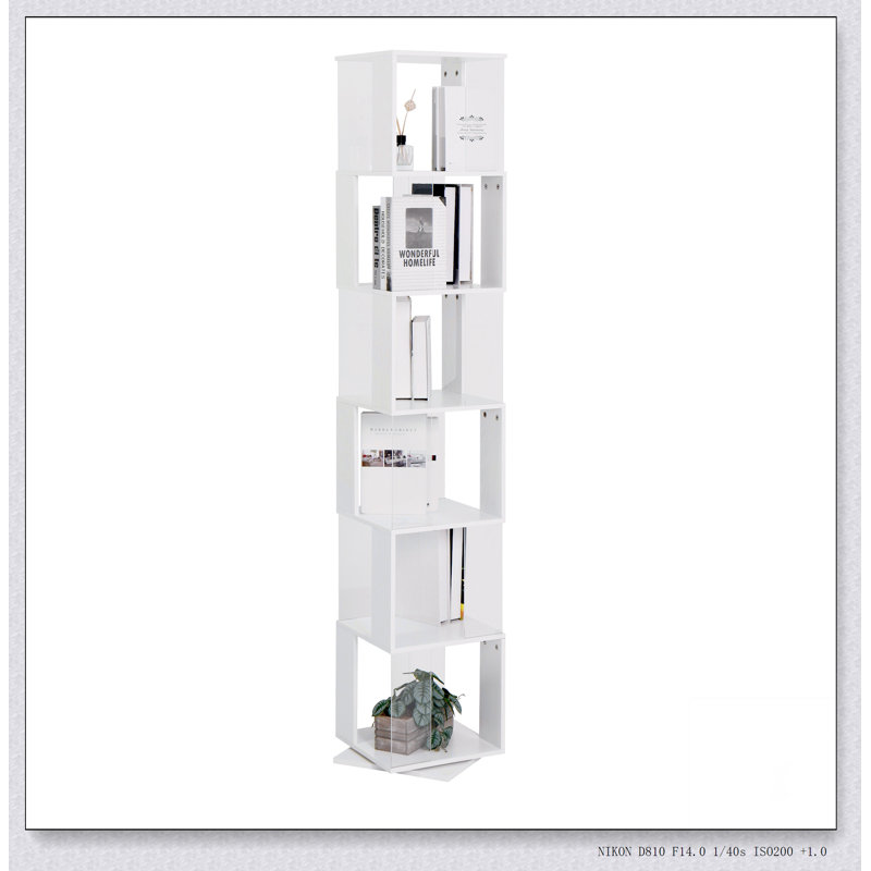 6 tier Rotating Bookshelf, Floor Rack Simple Bookcase  with Acrylic plate Student Multi-Function, White