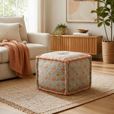 Floral Print Cube Ottoman, 20x20x14" Handmade Floor Pouf, Decorative Boho Square Pouffe for Living Room, Bedroom, Lounge & Home Decor Seating