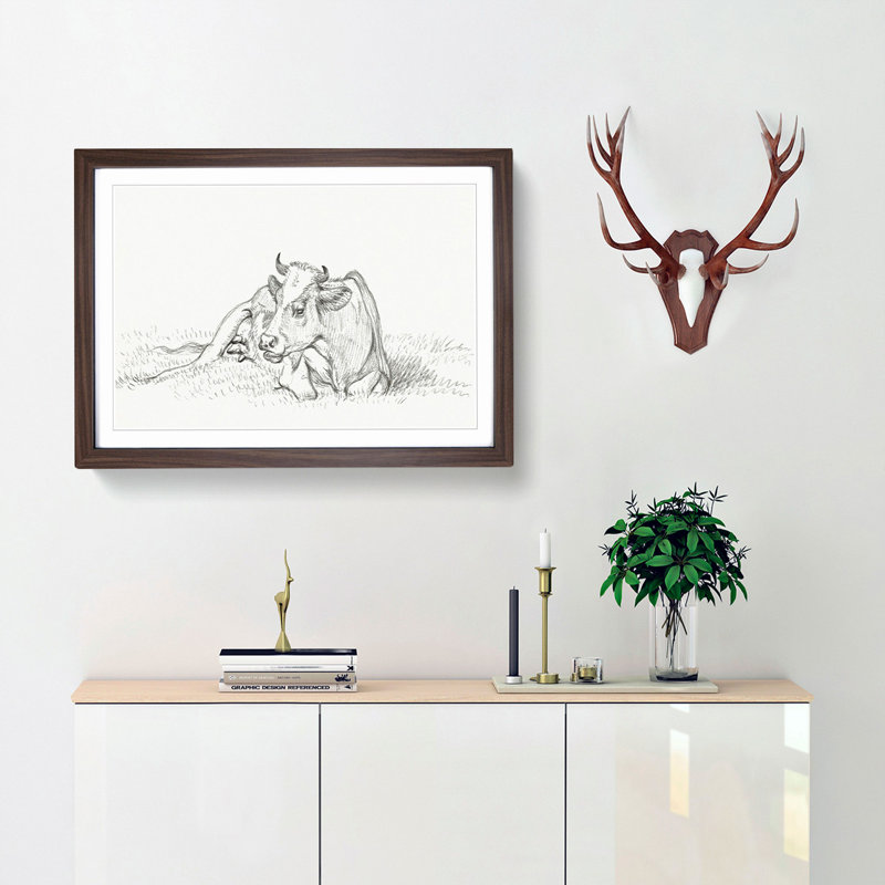 Sketch of a Resting Cow by Jean Bernard - Picture Frame Drawing Print, 48cm H x 65cm W x 2cm D, Walnut Framed