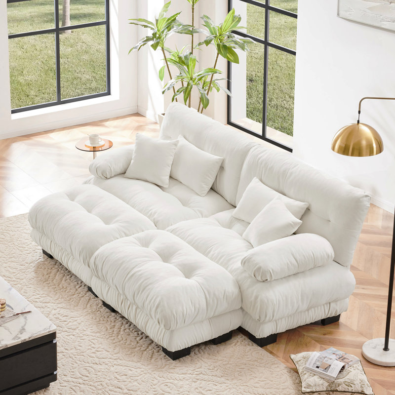 Cloud Couch Sleeper Sofa For Living Room, Chenille 2 Seater Sofa With 2 Lumbar Pillows And 2 Throw Pillows , Upholstered Wide Arm Sofa With 2 Ottomans,Chenille White