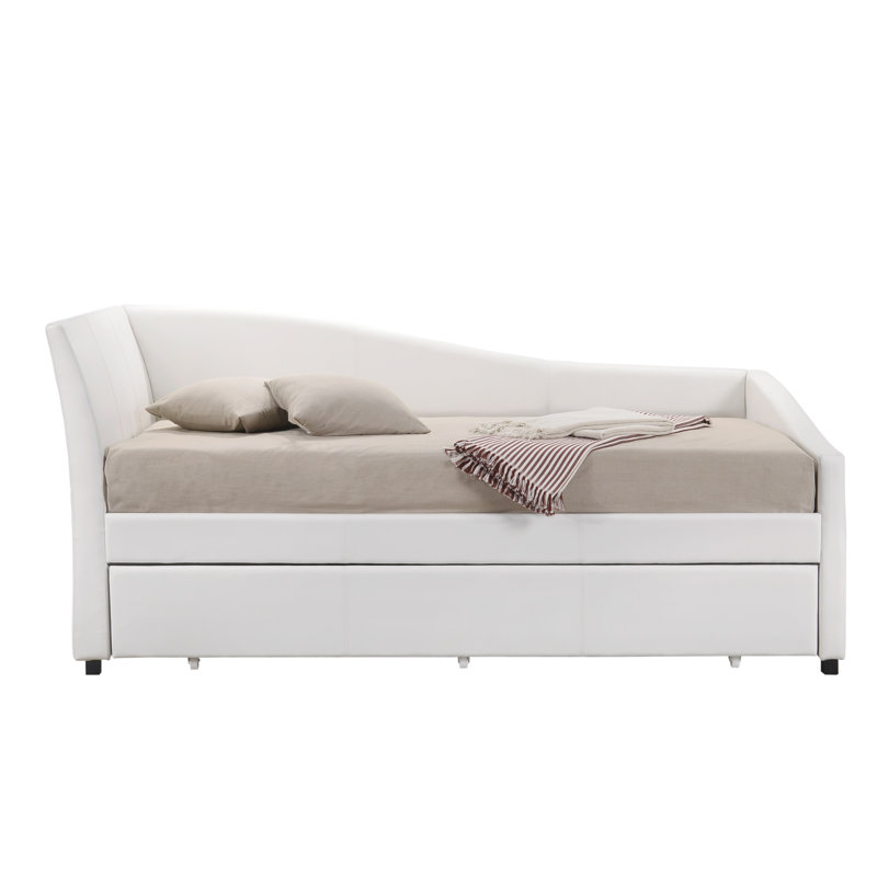 White Faux Leather Twin Upholstered Daybed with Trundle