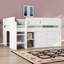 Lit mezzanine double pleine grandeur, lit mezzanine en bois avec armoire de rangement et panneau noir, tablettes ouvertes, garde-corps et échelle-1981721036
