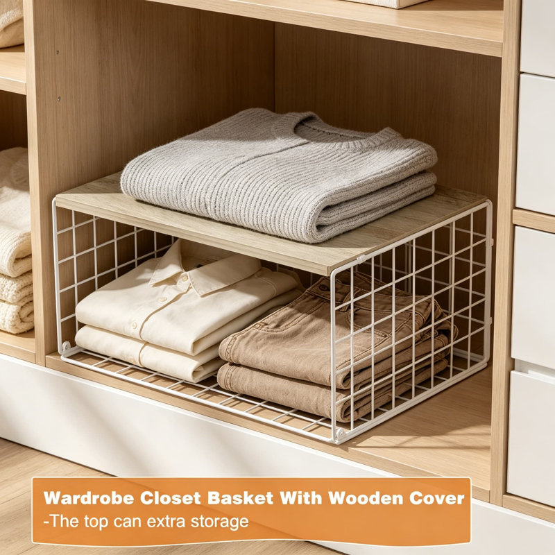 Organisateur de placard extra-long à profil bas avec rangement en bois, ensemble de 3 tablettes de rangement empilables, bac de rangement pour vêtements peu encombrant pour garde-robe, chambre à coucher et petits espaces, fabrication en maille métallique robuste