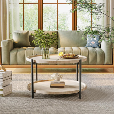 2 Tier Wooden Round Coffee Table, Modern Accent Center Table with Storage, Circle Cocktail Tables Small Spaces Home Furniture, Tea Tables for Bedroom, Home Office, Living Room