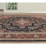 Hand Knotted Wool Oriental Area Rug in Navy And Wine