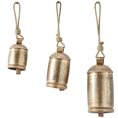 Kaskaskia Metal Tibetan Inspired Indoor Outdoor Decorative Cow Bells with Jute Hanging Rope Set