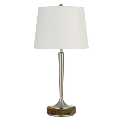 Lampe de table Chester 72 cm en métal et bois avec ports de chargement USB, acier brossé blanc cassé
