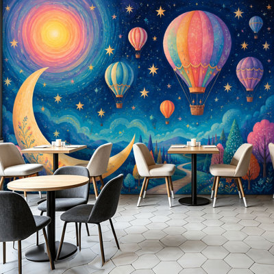 Papier peint adhésif pelez et collez, paysage de lune, montgolfières colorées, ciel étoilé, art mural auto-adhésif et amovible