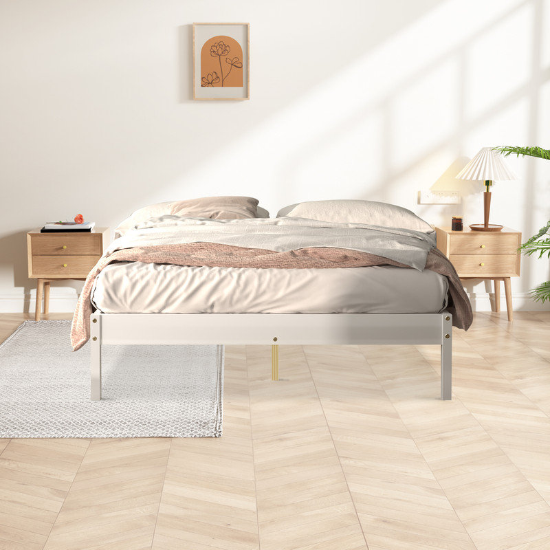 Base de lit plateforme en bois massif Tilon, Blanc, Lit double