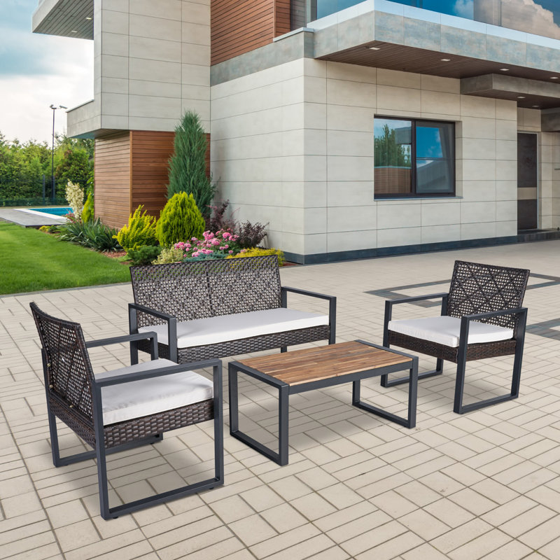 Ensemble de meubles de patio 4 pièces avec balcon et véranda, Coussin blanc / cadre noir