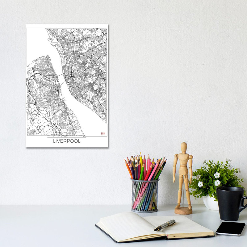 Liverpool Minimal Urban Blueprint Map by Hubert Roguski - Wrapped Canvas Print, 20.32 cm H x 30.48 cm W