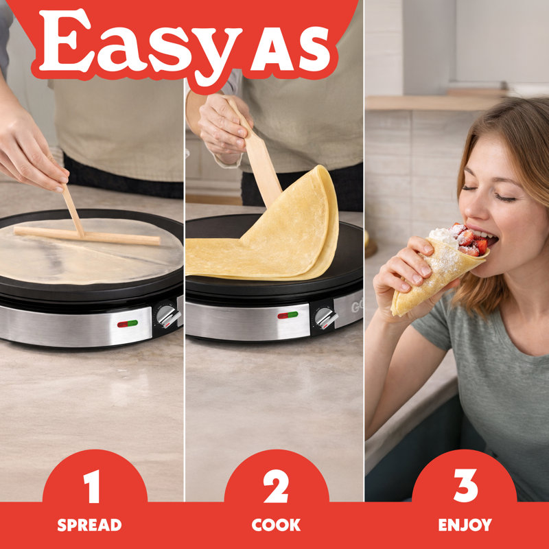 Crêpière électrique Gourmia de 12 po, antiadhésive avec contrôle de la température, voyants lumineux, spatule et épandeur de pâte