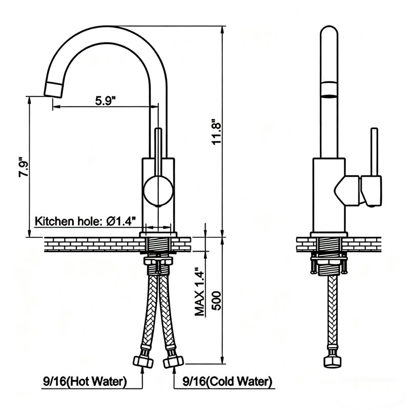 Robinet de cuisine CALBASE pour évier, fini or brossé, monotrou, poignée unique, acier inoxydable, mitigeur eau chaude/froide, rotation à 360° avec aérateur