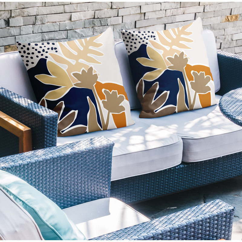 Jeté carré en polyester / mélange de polyester intérieur / extérieur, L 19 po x H 19 po, Orange / bleu marine / beige