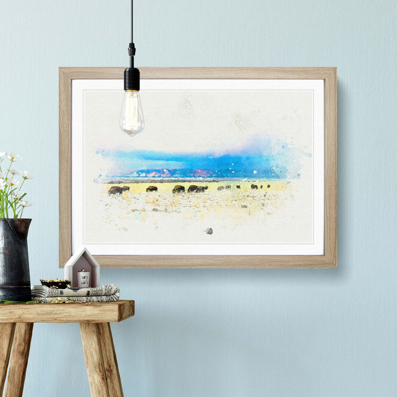 Grazing Bison in Utah in Abstract - Picture Frame Graphic Art Print, Oak Framed, 62cm H x 87cm W x 2cm D