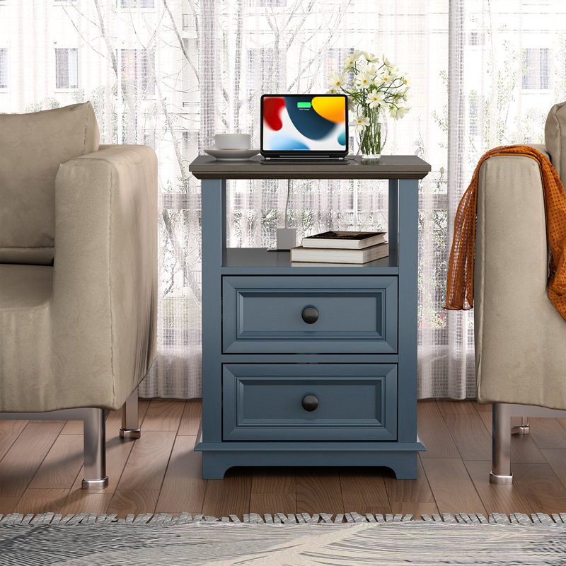 Azella Frame 2 End Table Set with Storage and Built-In Outlets, Brown Top/Blue Base