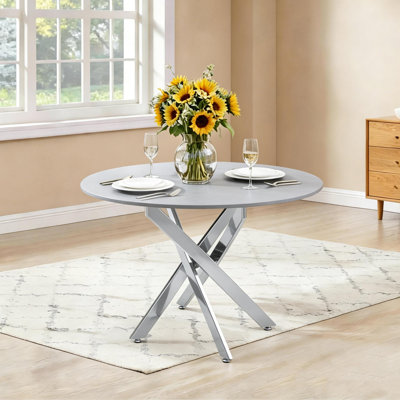 Table de salle à manger ronde en verre de 89 cm (35 po), table de cuisine moderne avec structure en métal argenté et plateau en granit trempé, argent