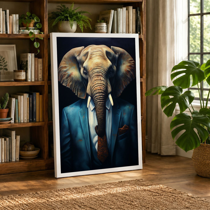 Elegant Elephant In Blue Modern - Print, 30x20 - 76.2 x 50.8 cm, Cream Border