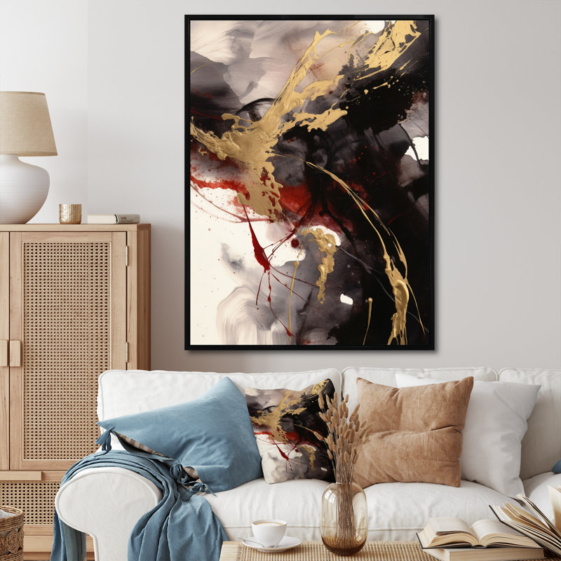 Or et fluide rouge fusion II - art mural abstrait, H 44 po x l 34 po, Cadre flottant noir