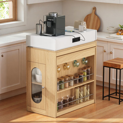 Kitchen Island With Extendable Dining Table, Drawers, Power Outlet, Wheels And Hooks