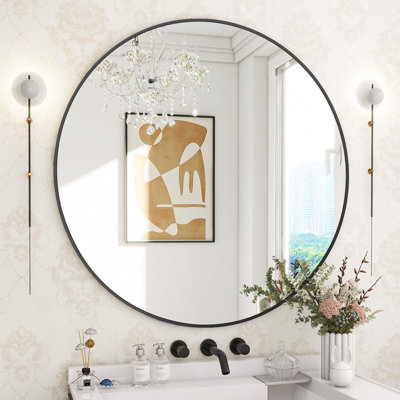 Miroir rond de 30 po, miroir circulaire à cadre en métal, fixation murale pour entrée, salle de bain, meuble-lavabo, salon, noir