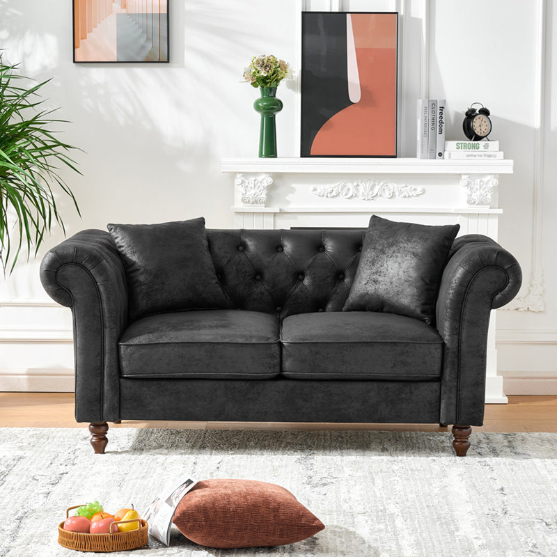 Canapé en tissu 66 po Chesterfield ‌Tech, canapé à accoudoirs roulés en tissu High-Tech, canapé rembourré de style Mid-Century, canapé 2 places pour salon, bureau, appartement, noir