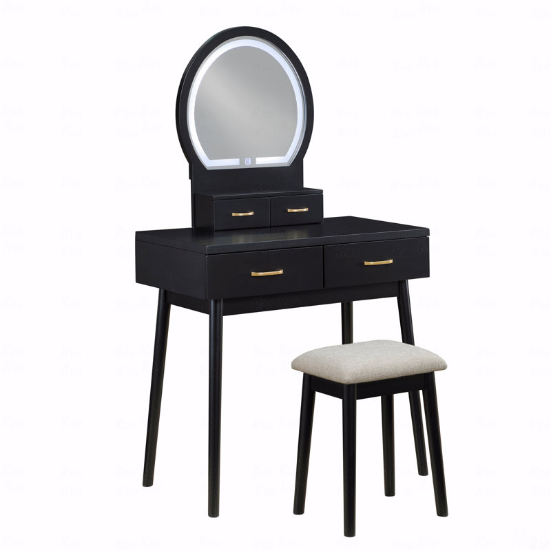 Beautiful Vanity Dresser With Mirror And Stool Set Storage Drawers Luxury Furniture 1Pc Led Mirror, Black