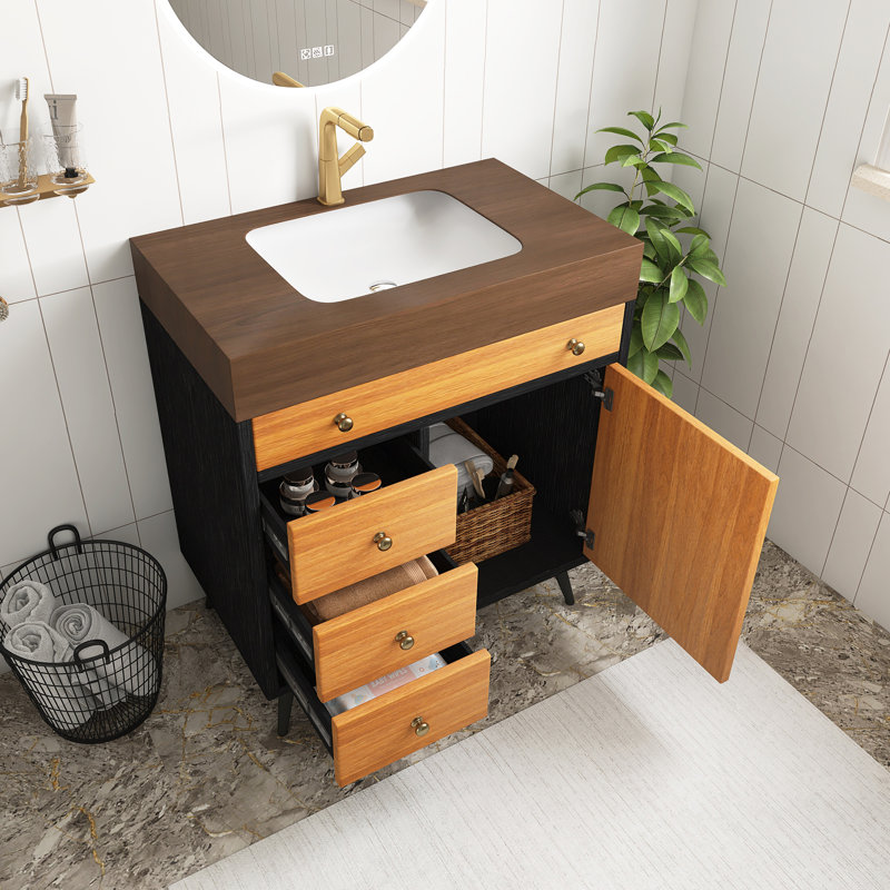 Meuble-lavabo autoportant de 30 pouces avec lavabo en céramique et plateau en pierre frittée, avec 3 tiroirs et 1 porte à fermeture en douceur