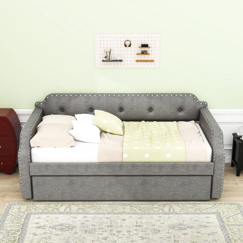 Twin Linen Upholstered Daybed with Twin Trundle, Gray