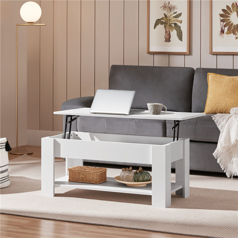Lift Top Four Leg Coffee Table with Storage, White, 56cm H x 98cm L x 50cm W