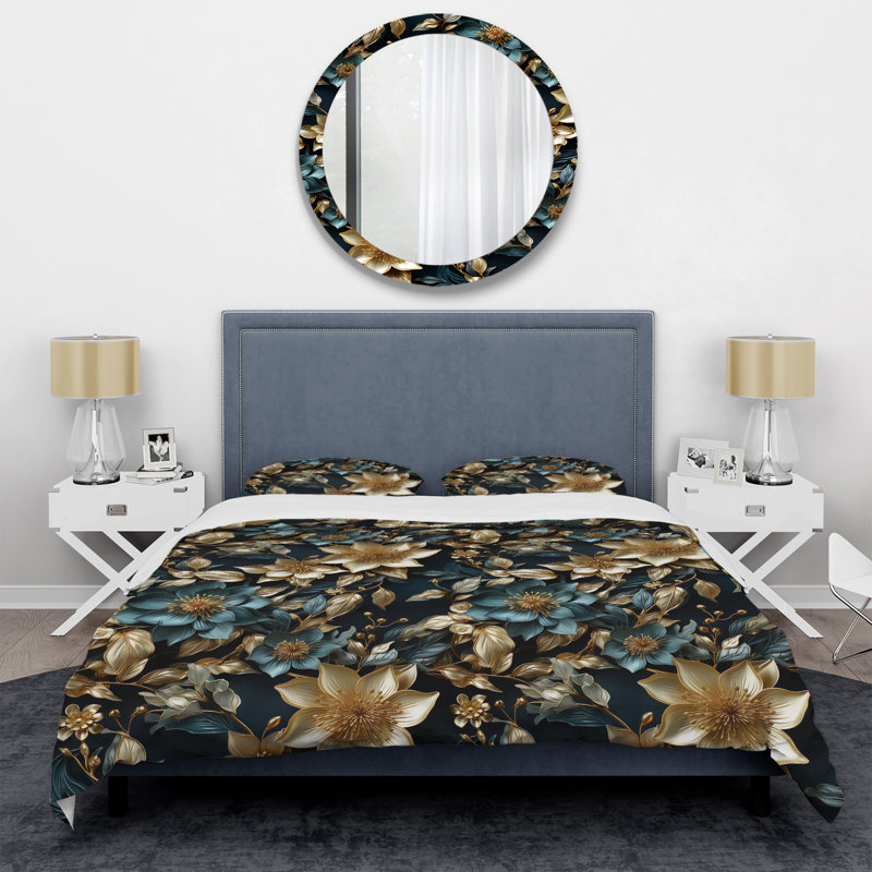 Flair impérial doré - ensemble de housse de couette à motif floral oriental - microfibre de polyester