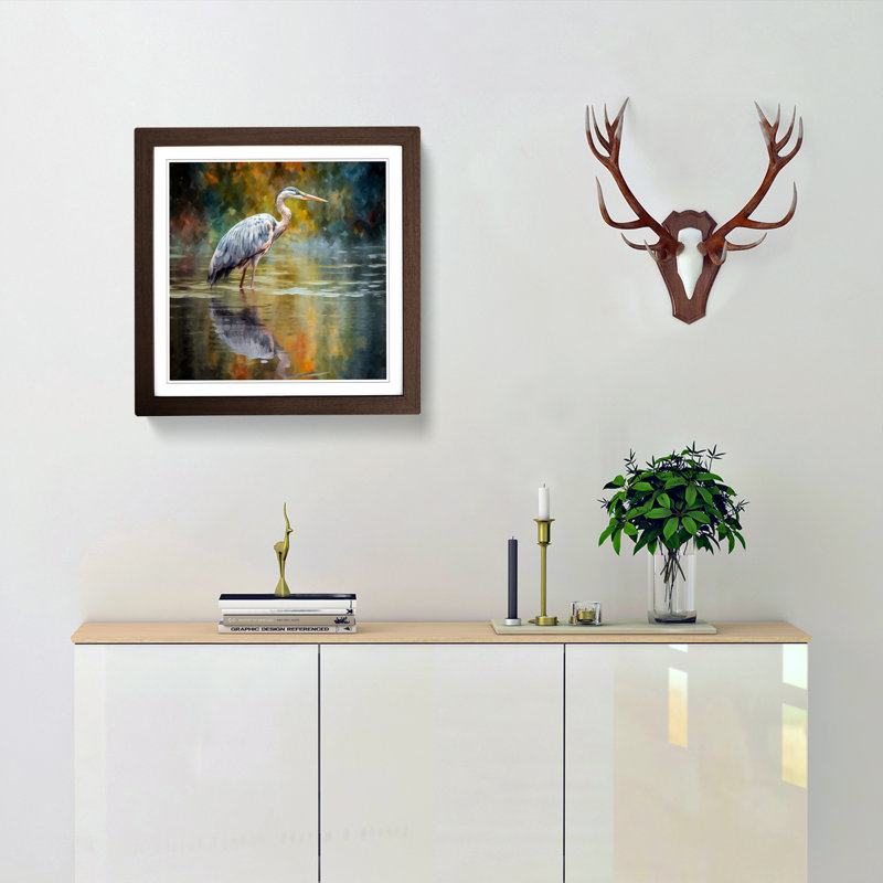 Heron Impressionism - Single Picture Frame Print on Wood, Walnut
