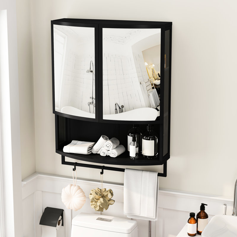 Garde-robe en verre arqué noir à double porte 23,63 po, miroir incassable, rangement en couches, tablette ouverte, salle de bain, peu encombrant, pratique, esthétique