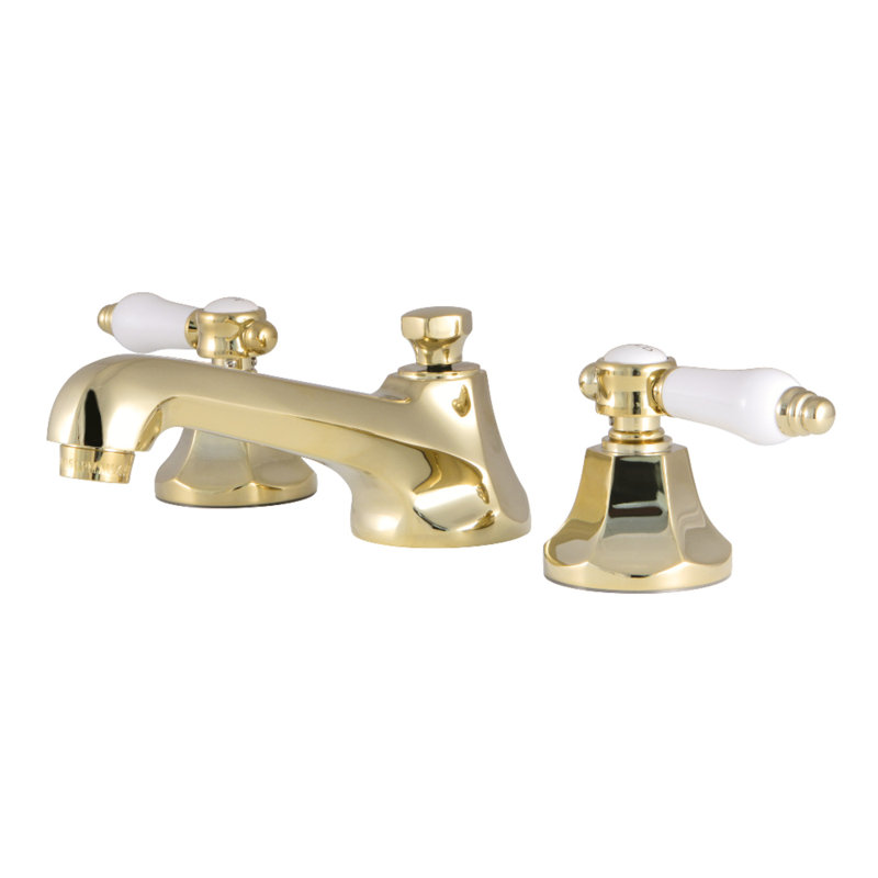 Kingston Brass Bel-Air Two-Handle 3-Hole Deck Mount Widespread Bathroom Faucet with Brass Pop-Up Drain, Polished Brass