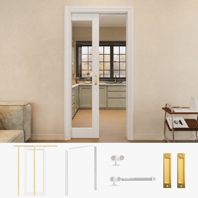 Porte de garde-robe coulissante en verre transparent 36 po x 80 po à 1 verre avec quincaillerie dorée et cadre de porte blanche