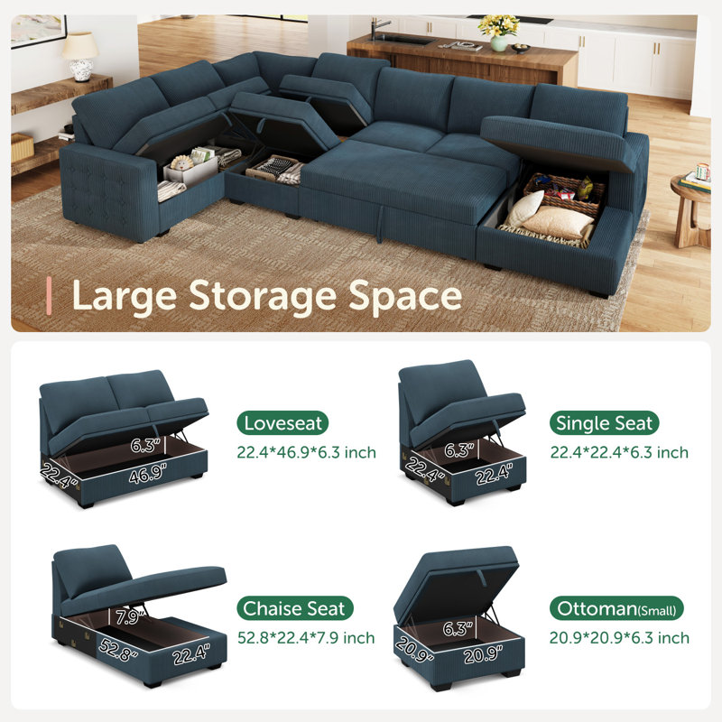 Rundey U-Shaped Oversized Sectional Corduroy Sleeper Sofa With Ottoman, Blue Corduroy