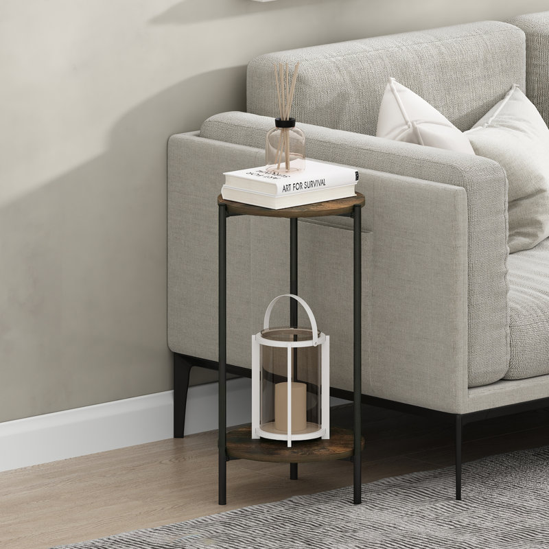 BESI Side Table, 2-Tier Tall Round Narrow End Table with Metal Legs, Metal Frame Night Stand, Bedside Table with Open Shelf, Easy Assembly, for Living Room, Bedroom, Amber Pine