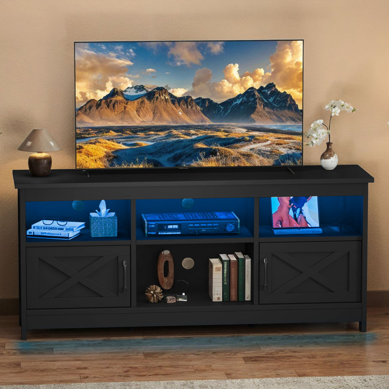  Meuble télé Farmhouse pour téléviseur de 65 pouces, centre de divertissement à lumière DEL avec armoires de rangement, tablettes ouvertes, bande lumineuse 24 couleurs