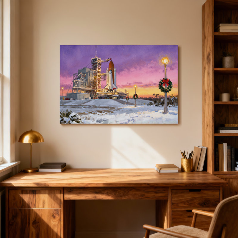 Scène de Noël sur la rampe de lancement de la Navette spatiale de Noël, H 20 po x l 30 po