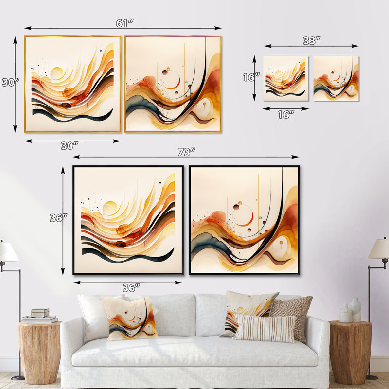 «Burnt Orange Waves Abstract», ensemble de 2 collages carrés modernes, Cadre flottant noir, H 16 po x l 33 po