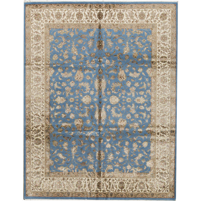 Tapis turquoise et ivoire noué à la main de haute qualité