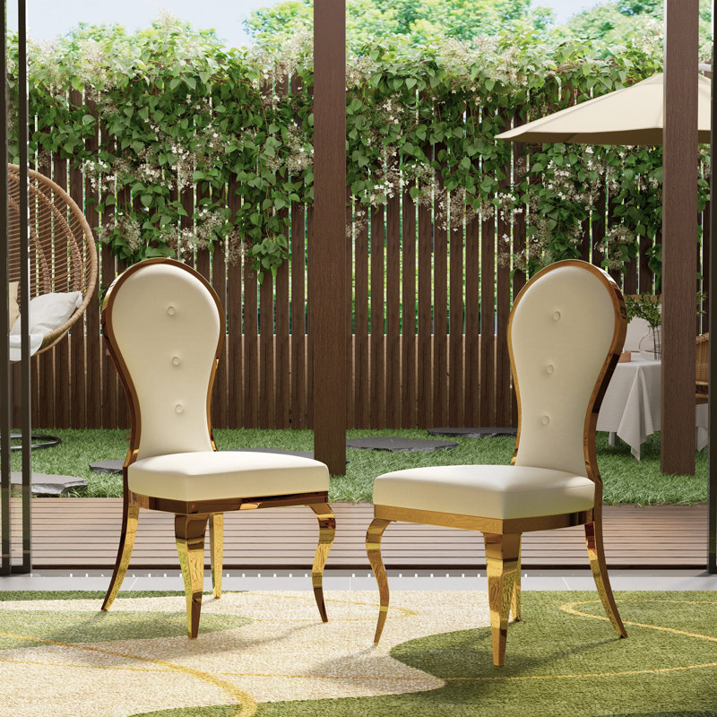 Lawrene Luxury Leather Side Chairs with Polished Gold Stainless Steel Legs, White